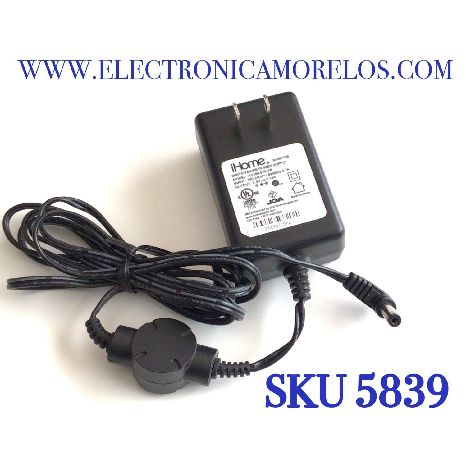 CARGADOR / ADAPTADOR DE FUENTE DE ALIMENTACION IHOME VCA-VCD / NUMERO DE PARTE 9IH507SB / E239073 / ENTRADA VCA100-240V~50/60HZ, 0.7A / SALIDA VCD 7.5V 2.14A / MODELO AS160-075-AB
